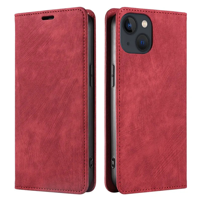 Magnetic flip phone case for iPhone in black, showing closed front cover with leather finish.