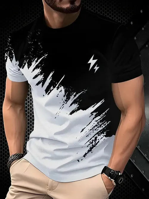 Men's loose fit casual polyester T-shirt in various colours on a size chart background