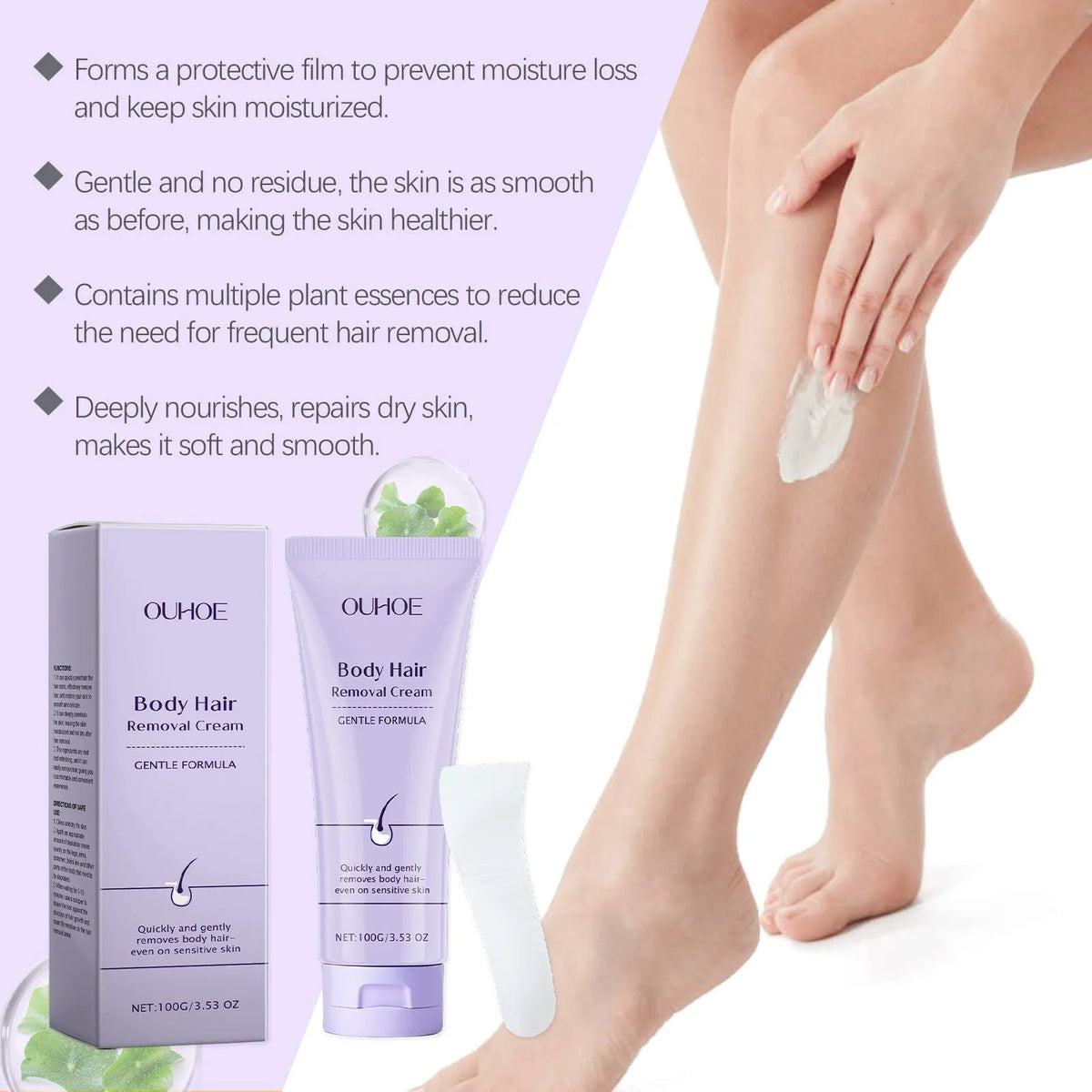 Ouhoe Gentle Body Depilatory Cream 100g tube for body hair removal with scraper included in the pack