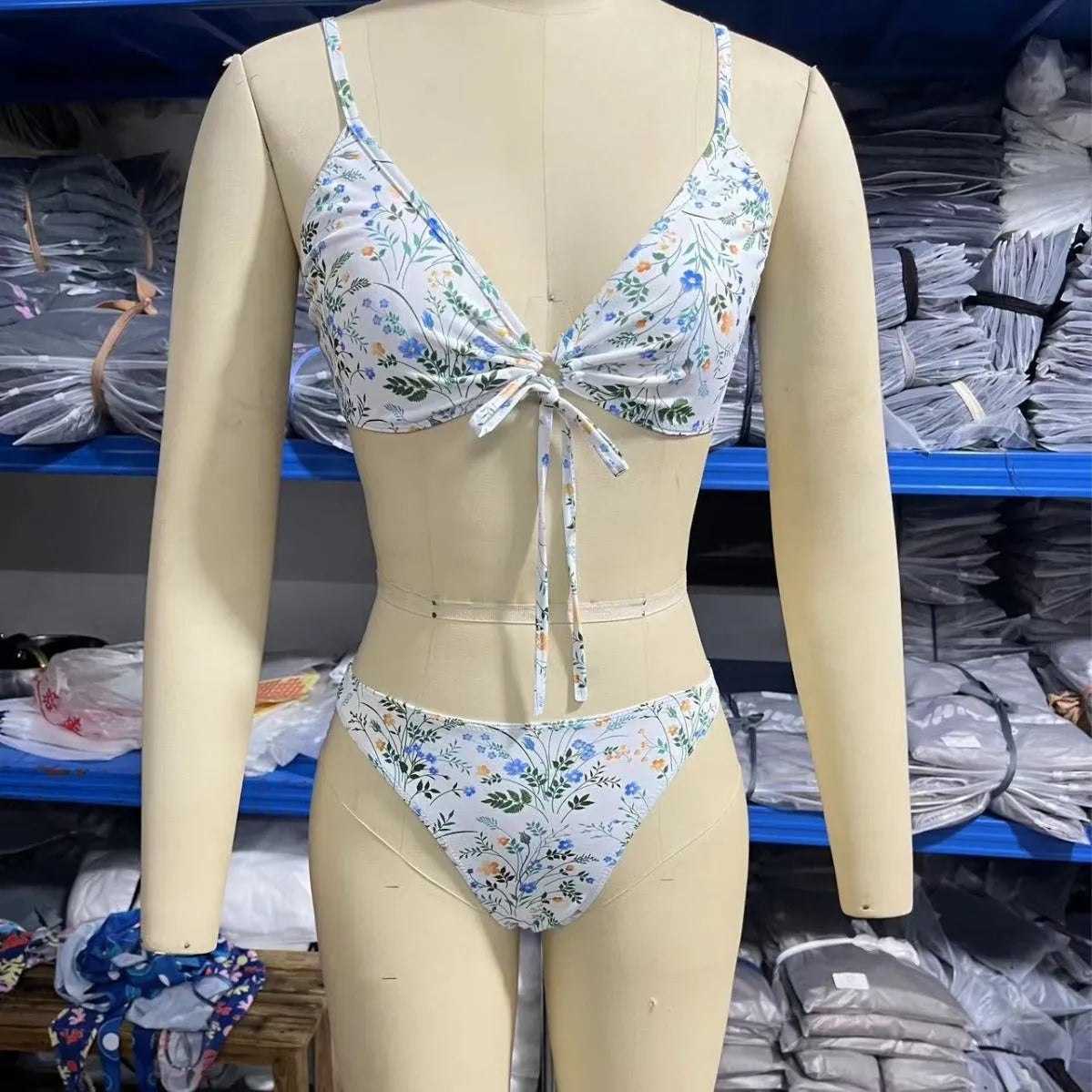 Women's floral print banded bikini swimsuit set in breathable polyester fabric