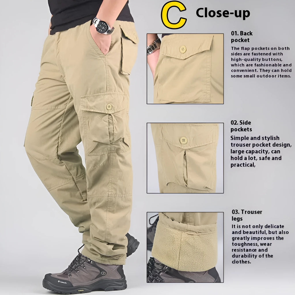 Men's khaki cotton velvet overalls with wool lining, shown with a loose straight-leg fit.