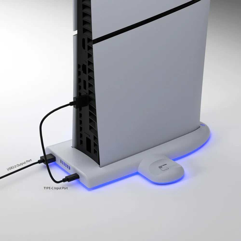 White PS5 Slim charging dock station with RGB ambient lighting and cooling pad functionality