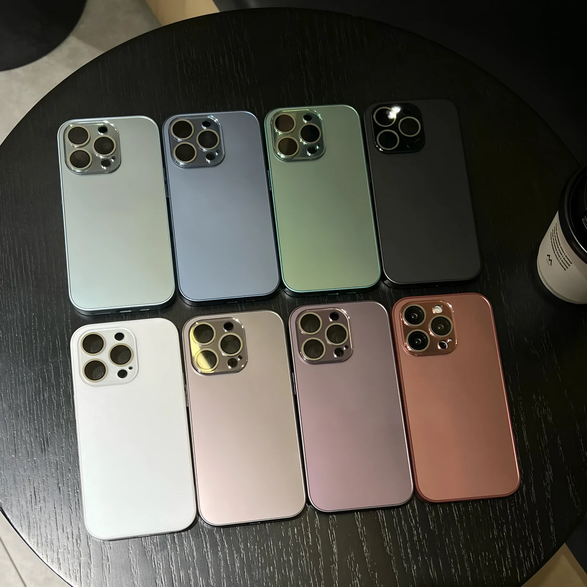 Frosted PC phone case for iPhone 15 Pro Max with glass lens protector in pearl white