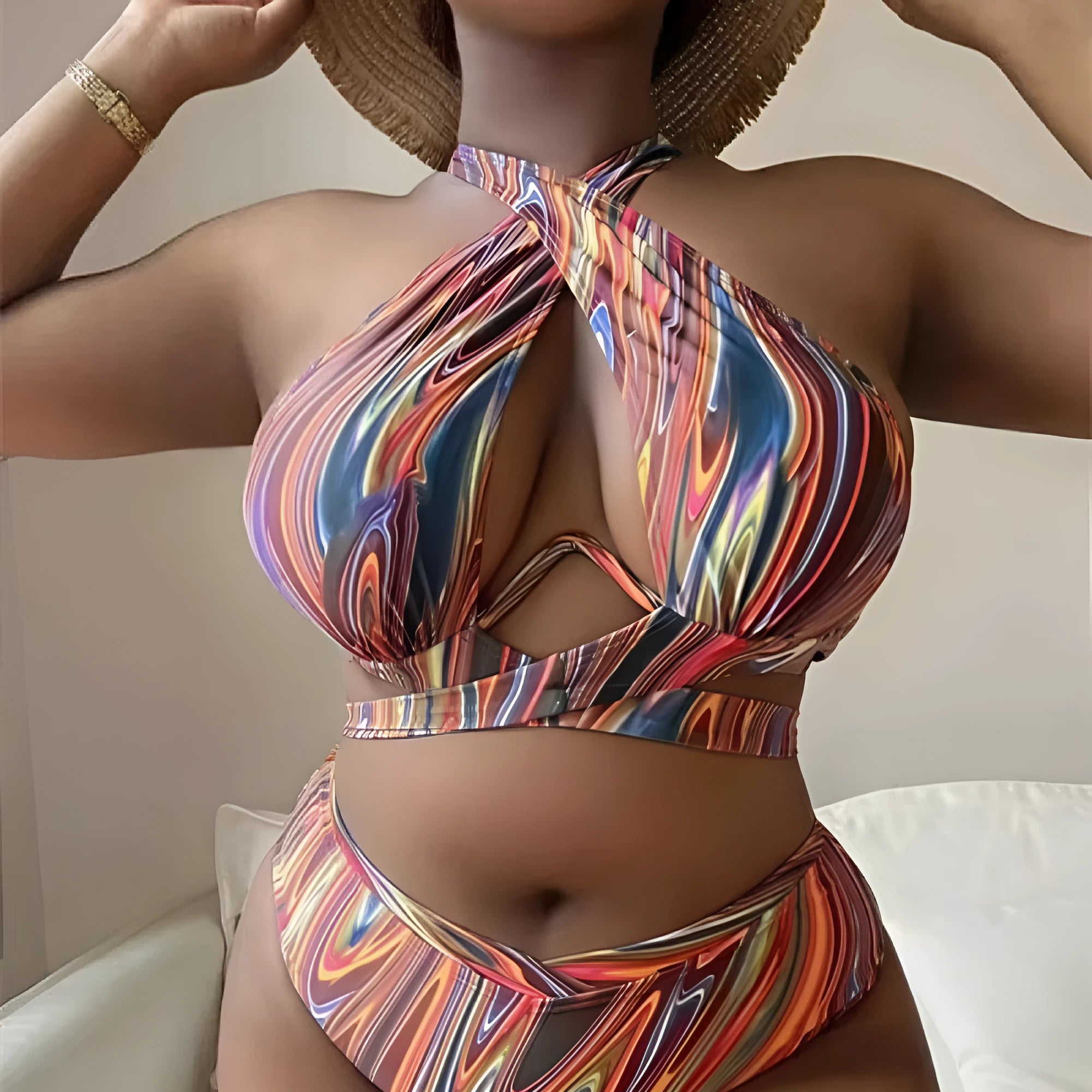 Women's plus size high waist floral bikini swimsuit with split leg design