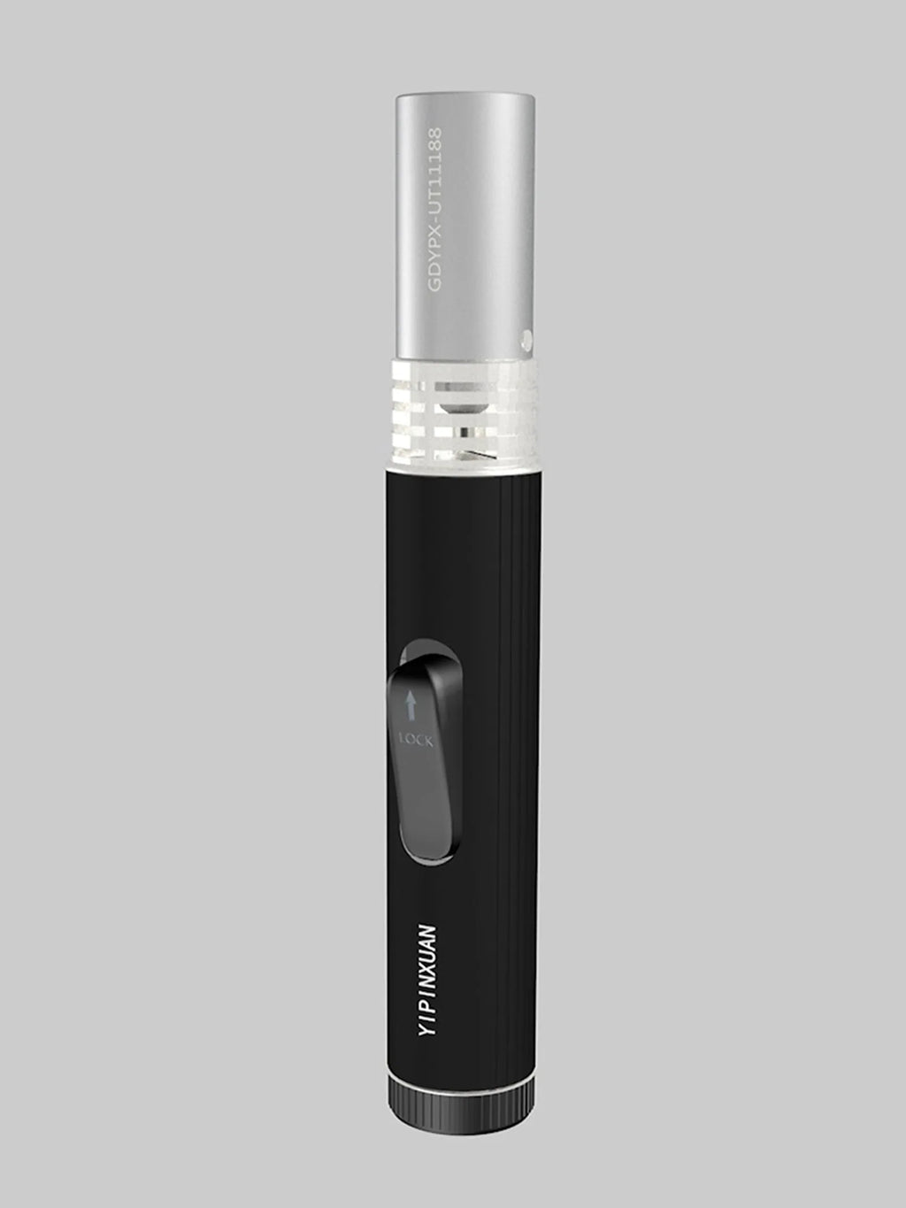 Black portable metal flamethrower torch with child safety lock for camping stoves.