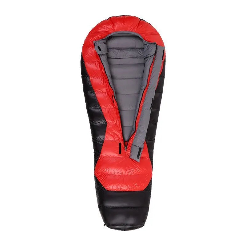 Lightweight goose down sleeping bag in mummy style, 20D nylon shell, Black Red colour, on a camping trip