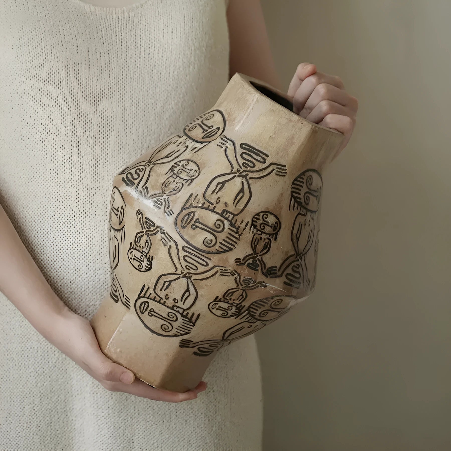 Hand-painted ceramic cylindrical vase with vintage carved art and tribal totem flower design