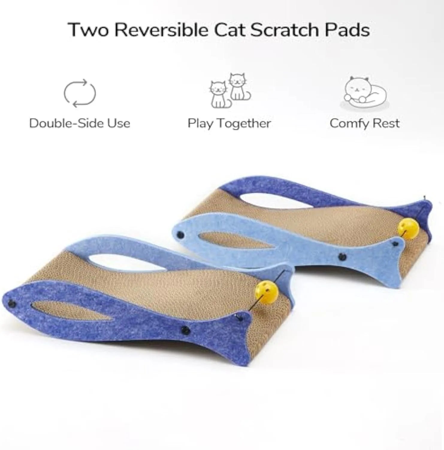 Blue fish-shaped cardboard cat scratcher lounge with bell ball toys on elastic cord