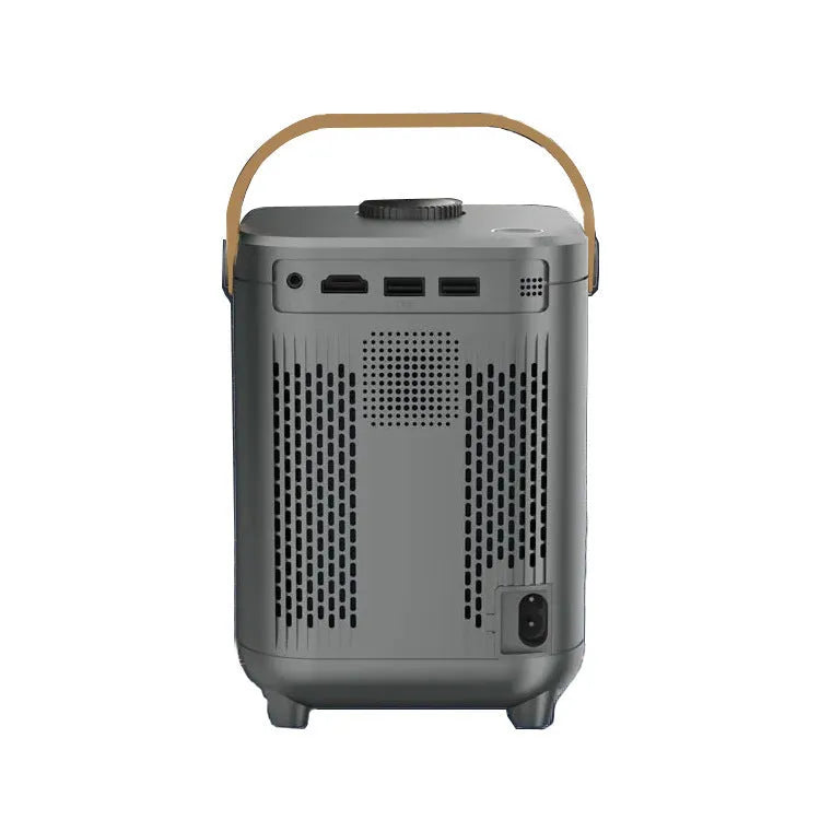 Portable all-in-one HD projector in gray with 720p resolution and 120 lumens brightness