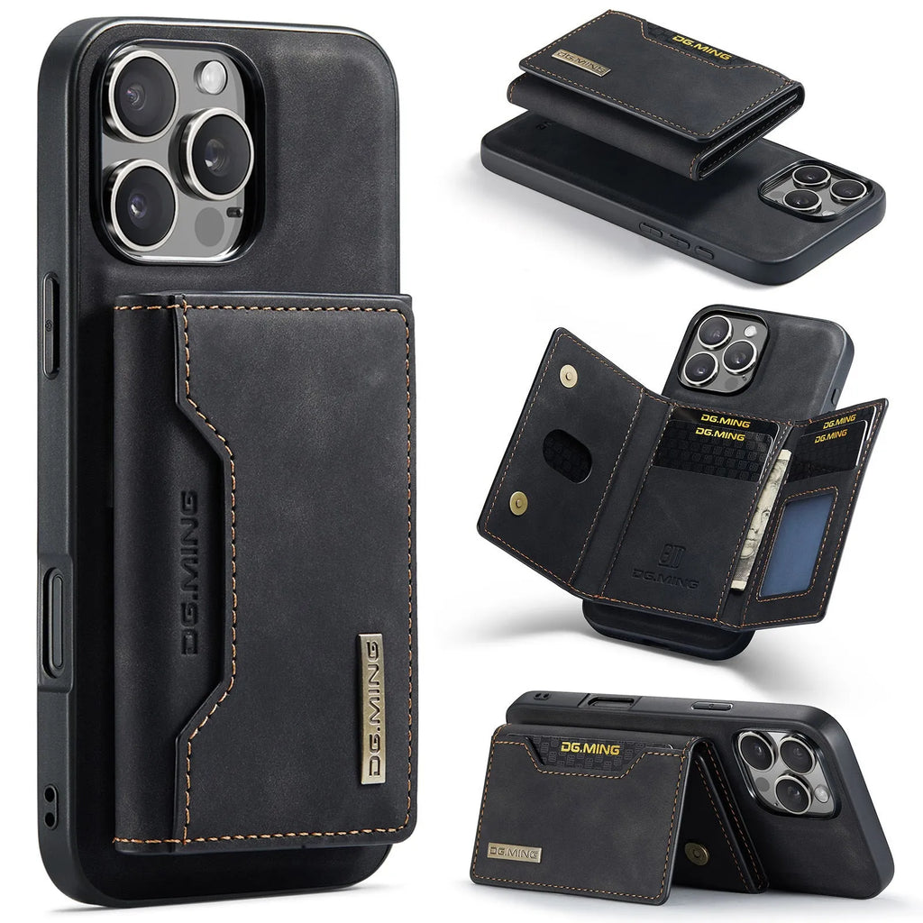 Magnetic card case in combination black with PU retro style and glass back for iPhone XR and iPhone 16 models