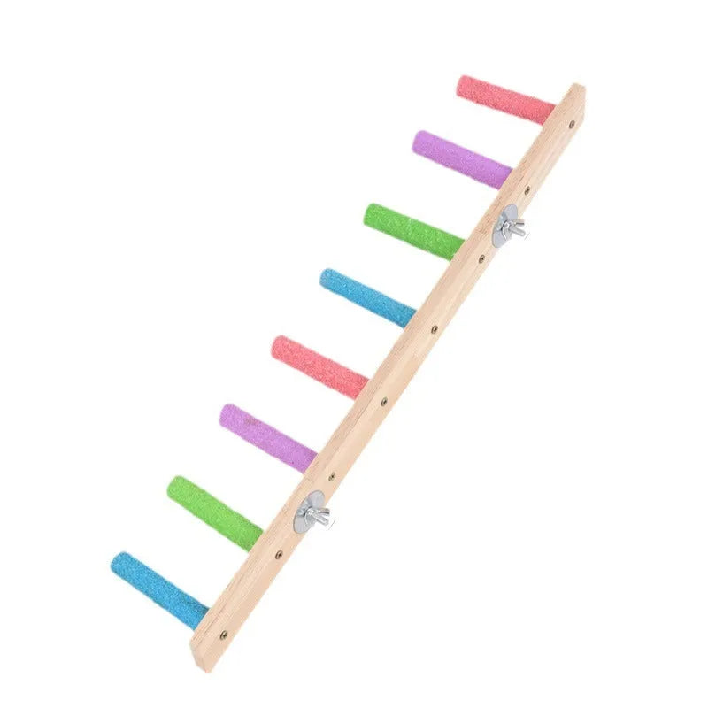 Wooden ladder perch for parrots, with multiple levels and natural wood finish, suitable for small to medium birds.
