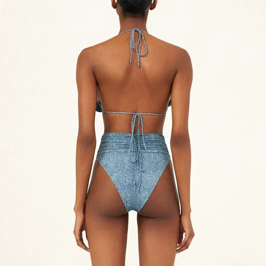 Women's floral embroidered one-shoulder swimsuit with cowboy siamese styling in soft nylon fabric