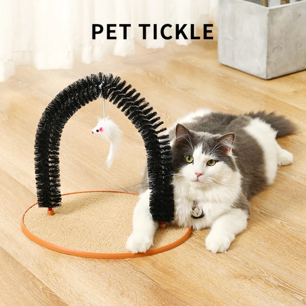 Black arch-shaped cat grooming brush with attached mouse toy on non-slip base