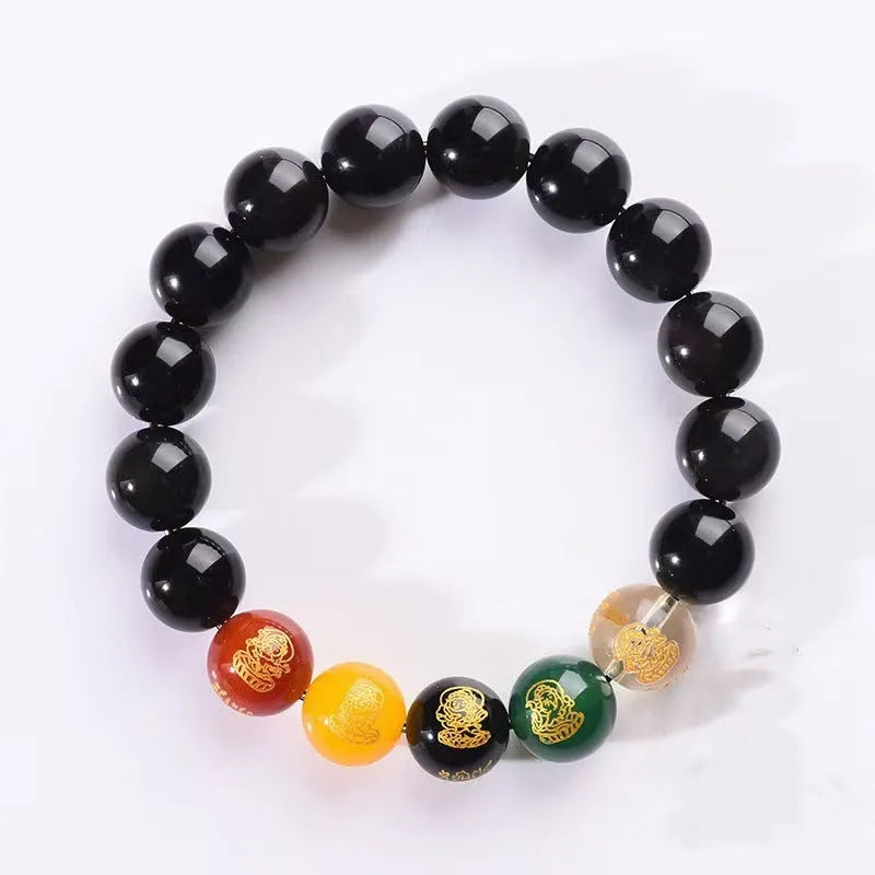 Single Circle Five Gods Of Wealth bracelet with polished rainbow eye obsidian beads in New Chinese style.