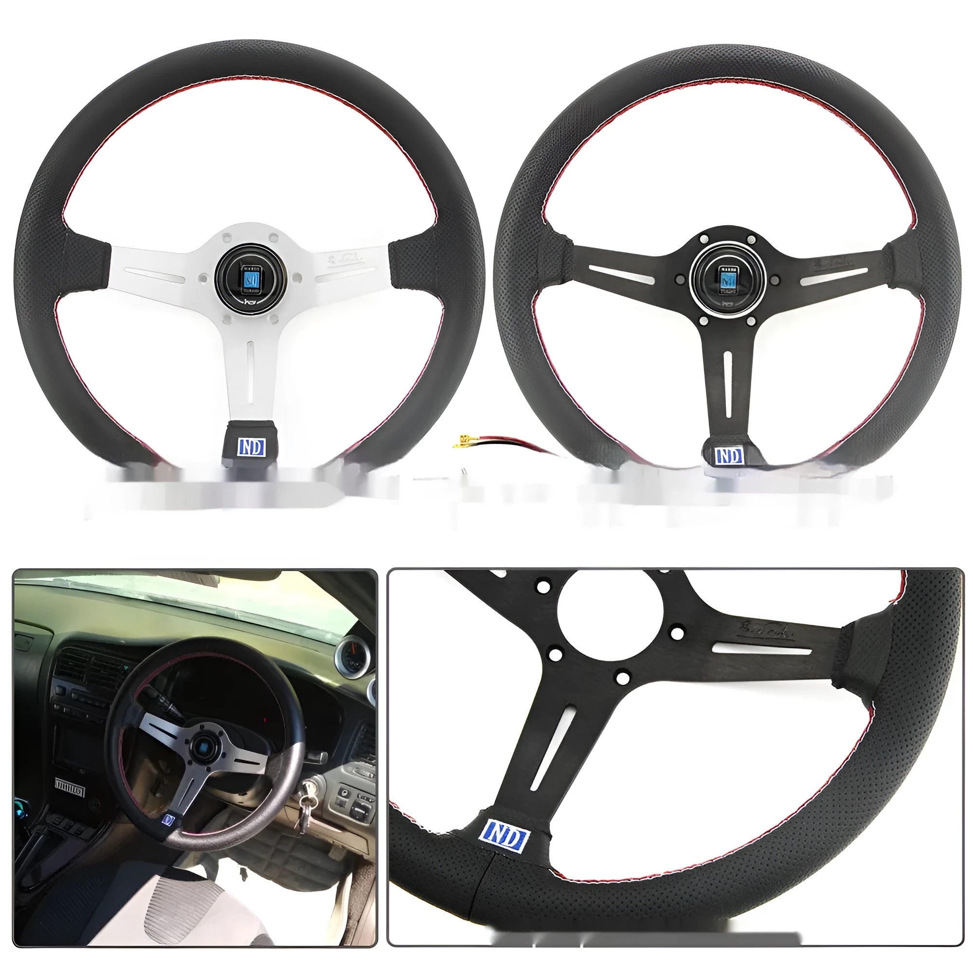 14-inch leather-wrapped steering wheel with a middle concave design, showing black and silver skeleton frame options.