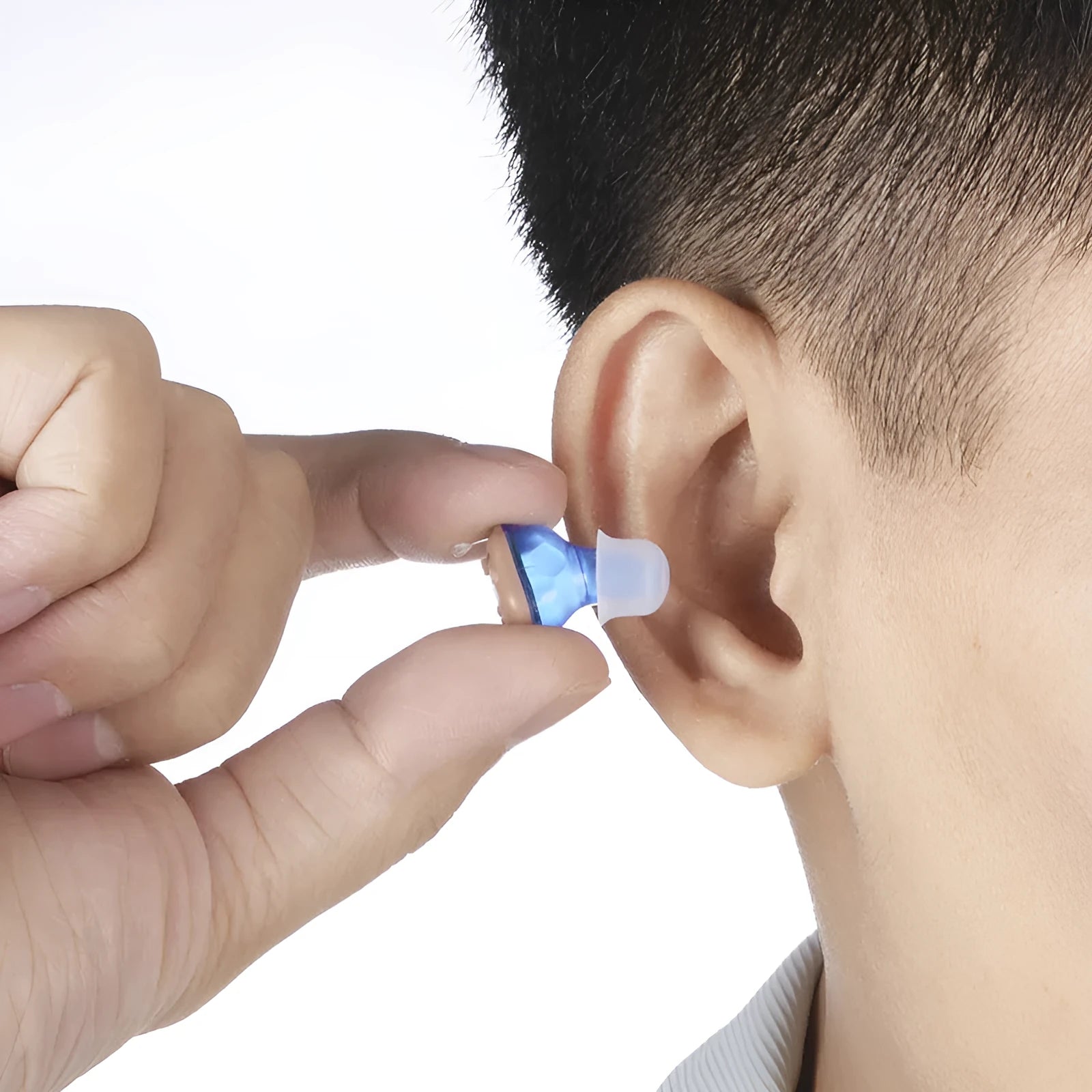 TWS G19 sound amplifier in Red Blue colour with charging silo, silicone ear tips, wireless charging action.