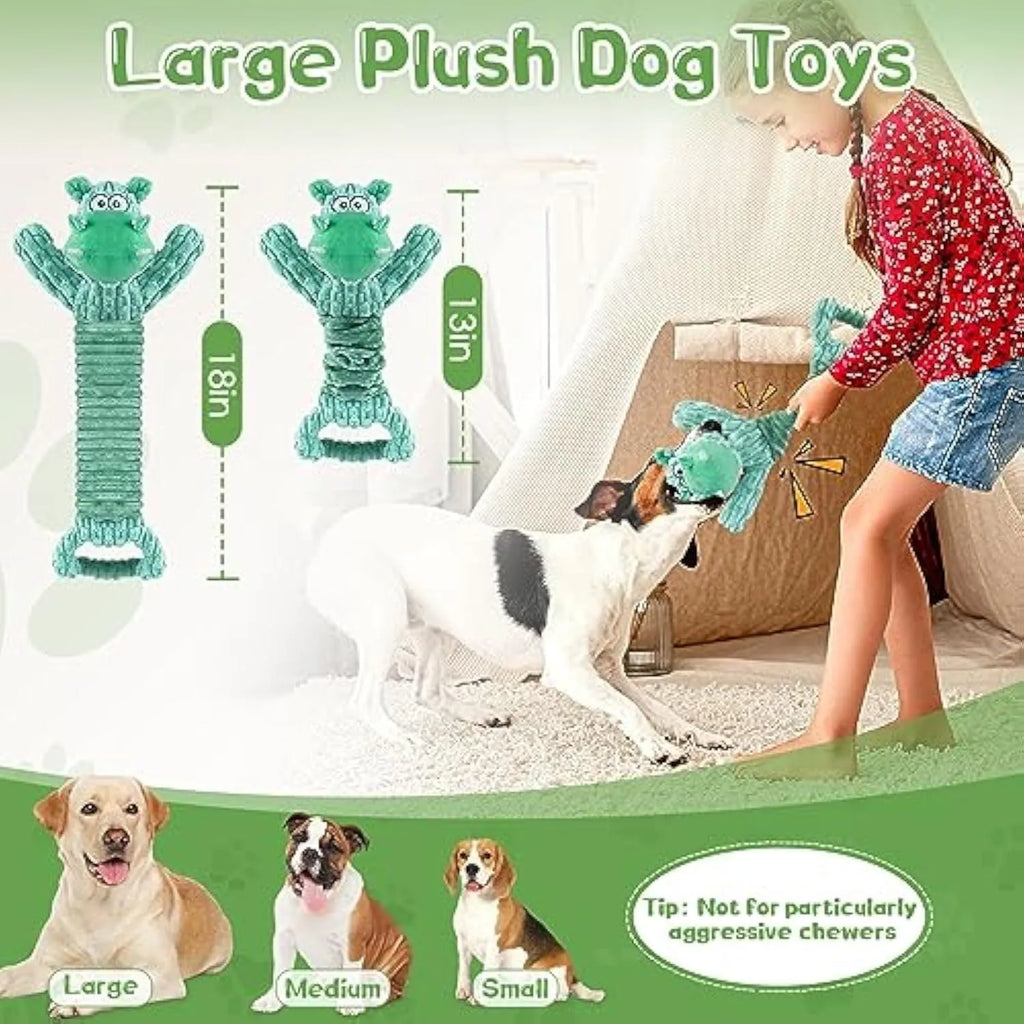 Large bright coloured soft plush dog toy with a handle, suitable for squeaky and tug of war play.