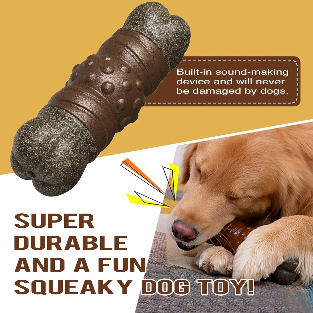 Wood colour plastic dog dental chew toy shaped like a bone with a ridged molar rod section.