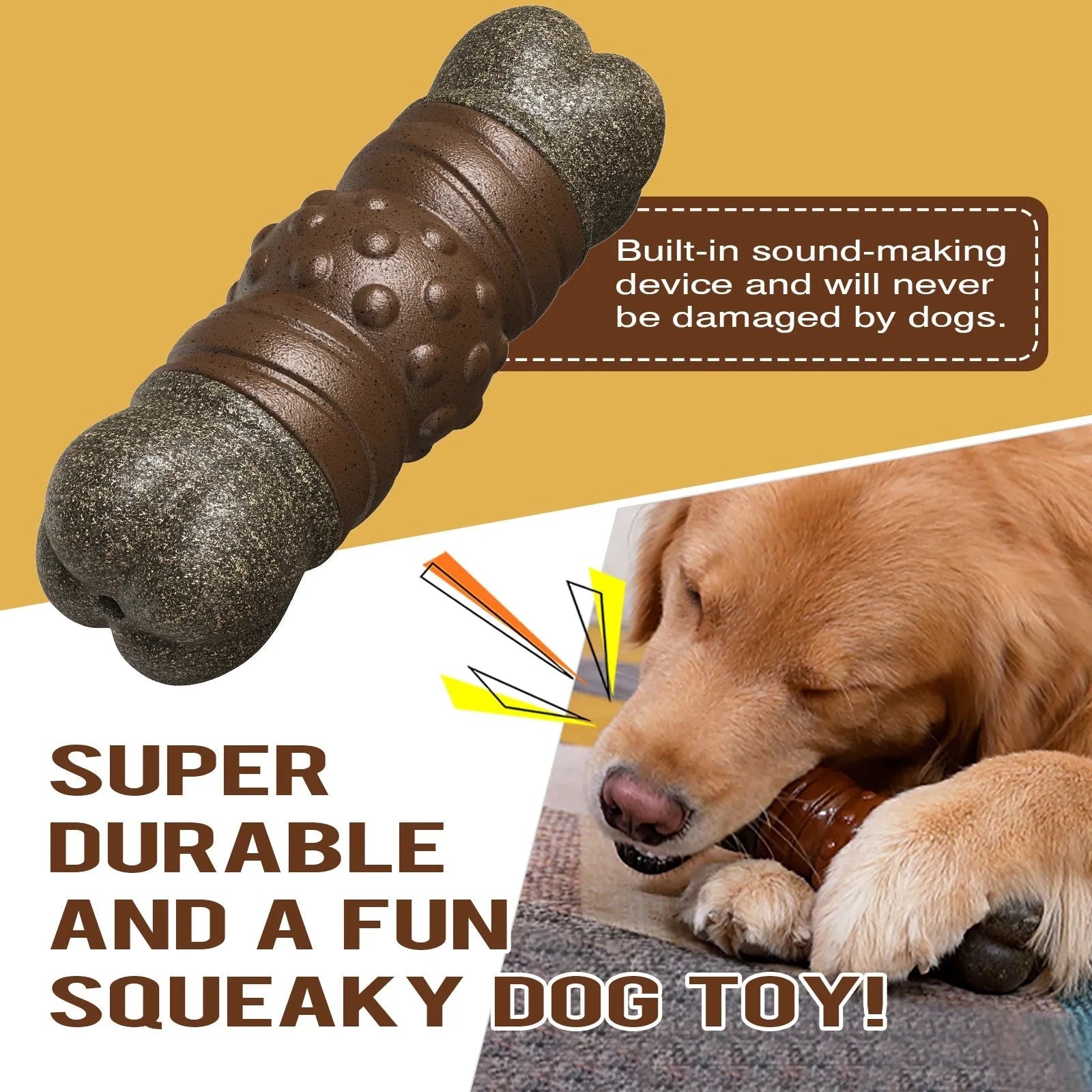 Wood colour plastic dog dental chew toy shaped like a bone with a ridged molar rod section.