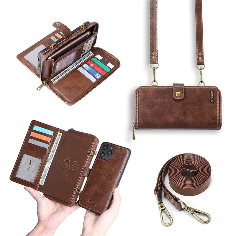 Black detachable wallet backpack leather flip phone case for Samsung Galaxy Note and Apple iPhone