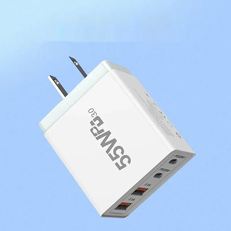 55W multi-port white USB charging plug with Type-C interface on a plain background