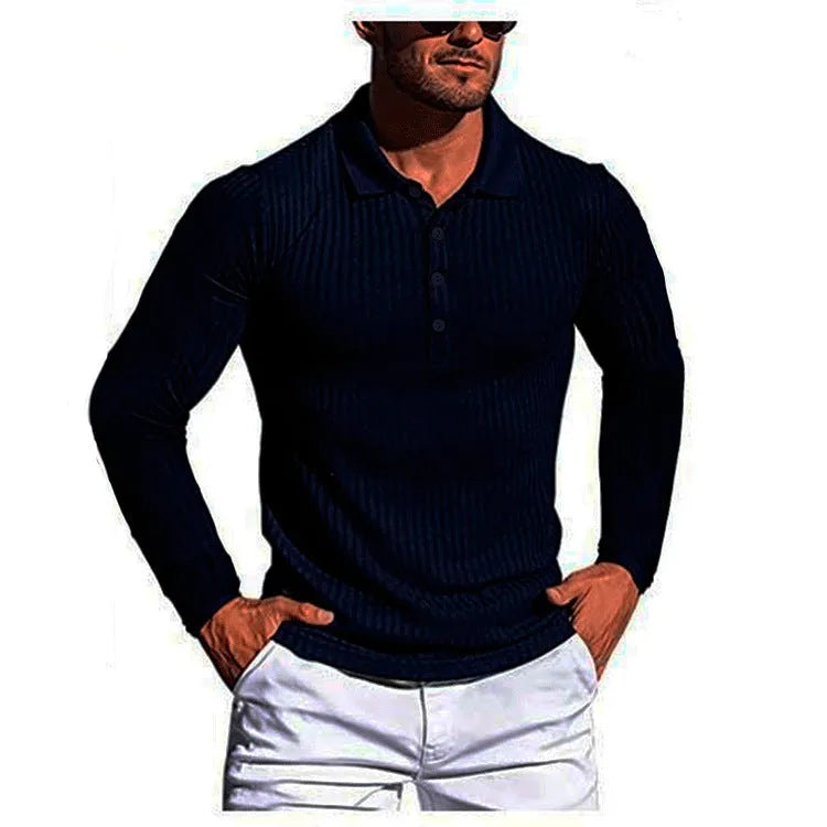 Man wearing a striped, short-sleeved, loose-fit high elastic knit shirt in a neutral colour.