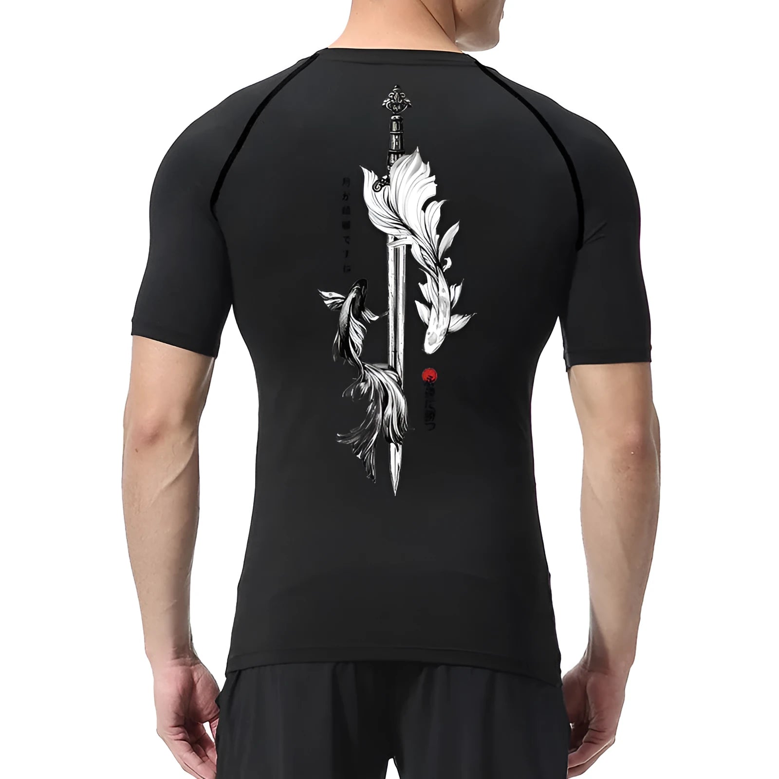 Men's loose fit short sleeve T-shirt featuring a sword pattern print on the front.