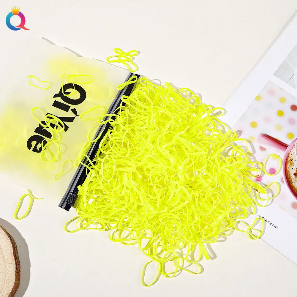 Children's disposable hair rubber bands 1000pcs strong pull cartoon design assorted colours deep coffee glittering powder grass green