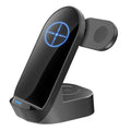 Space grey foldable 3-in-1 wireless charger stand with phone, smartwatch, and earbuds case charging simultaneously.
