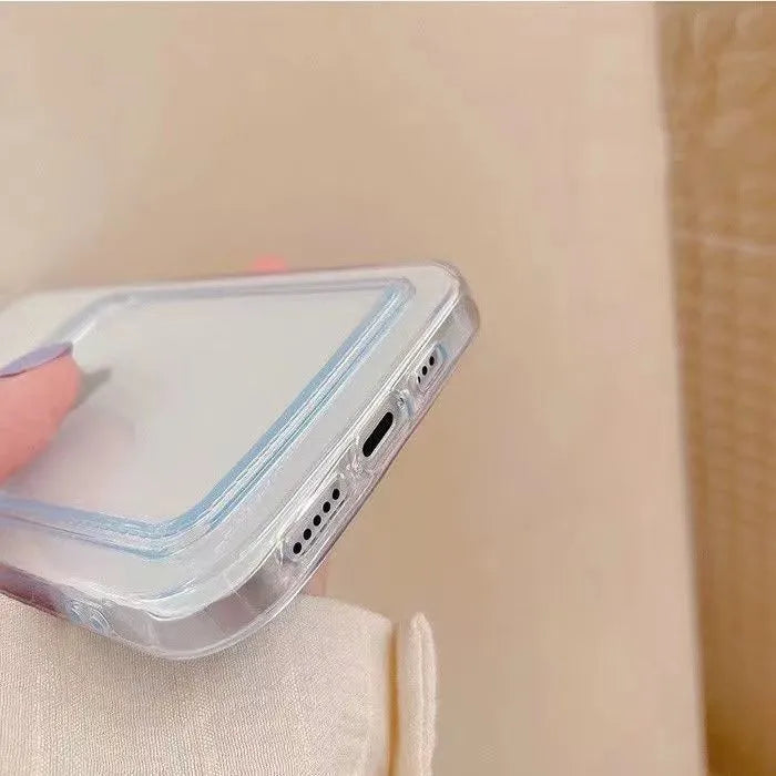 Transparent PVC phone case for iPhone with a built-in slot for credit cards.