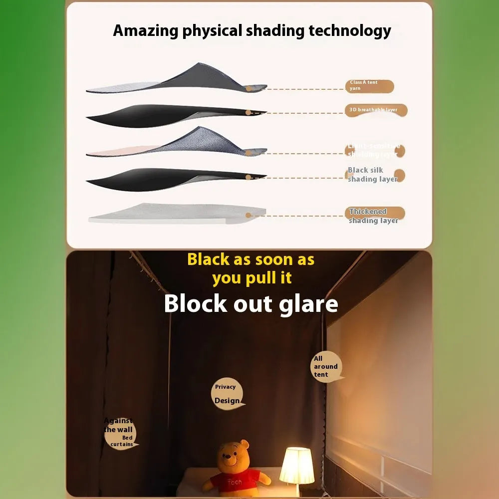 Grey polyester bed curtains with integrated mosquito net for 0.9m beds showing three-door access and wall-mounted brackets