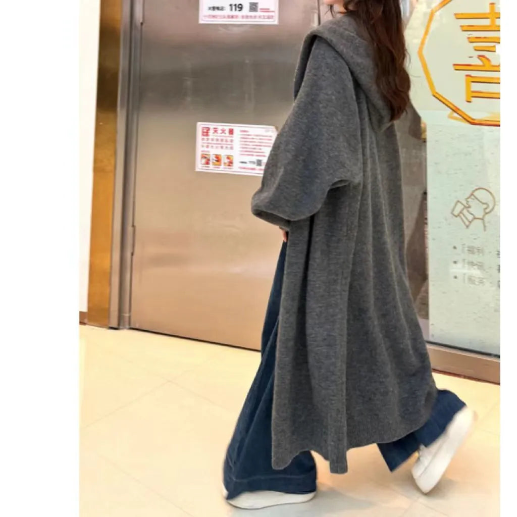 Women's long grey knitted cardigan with hood in a loose Korean-style fit