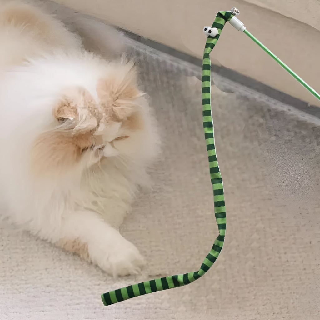 Cat teaser wand toy with long colourful plush strip on a polycarbonate handle
