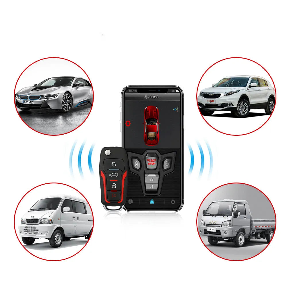 Red and frosted black one-way remote control car alarm unit with two remotes for vehicle security.
