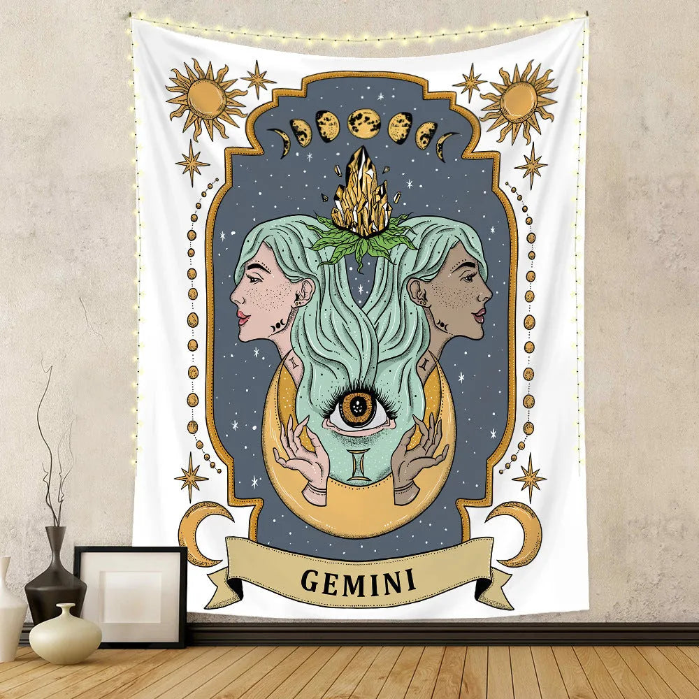 Polyester rectangular tapestry with a constellation skull tarot design, digital print, available in five sizes