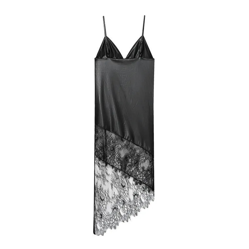 Women's black lace leather suspender dress with asymmetrical short skirt and hood