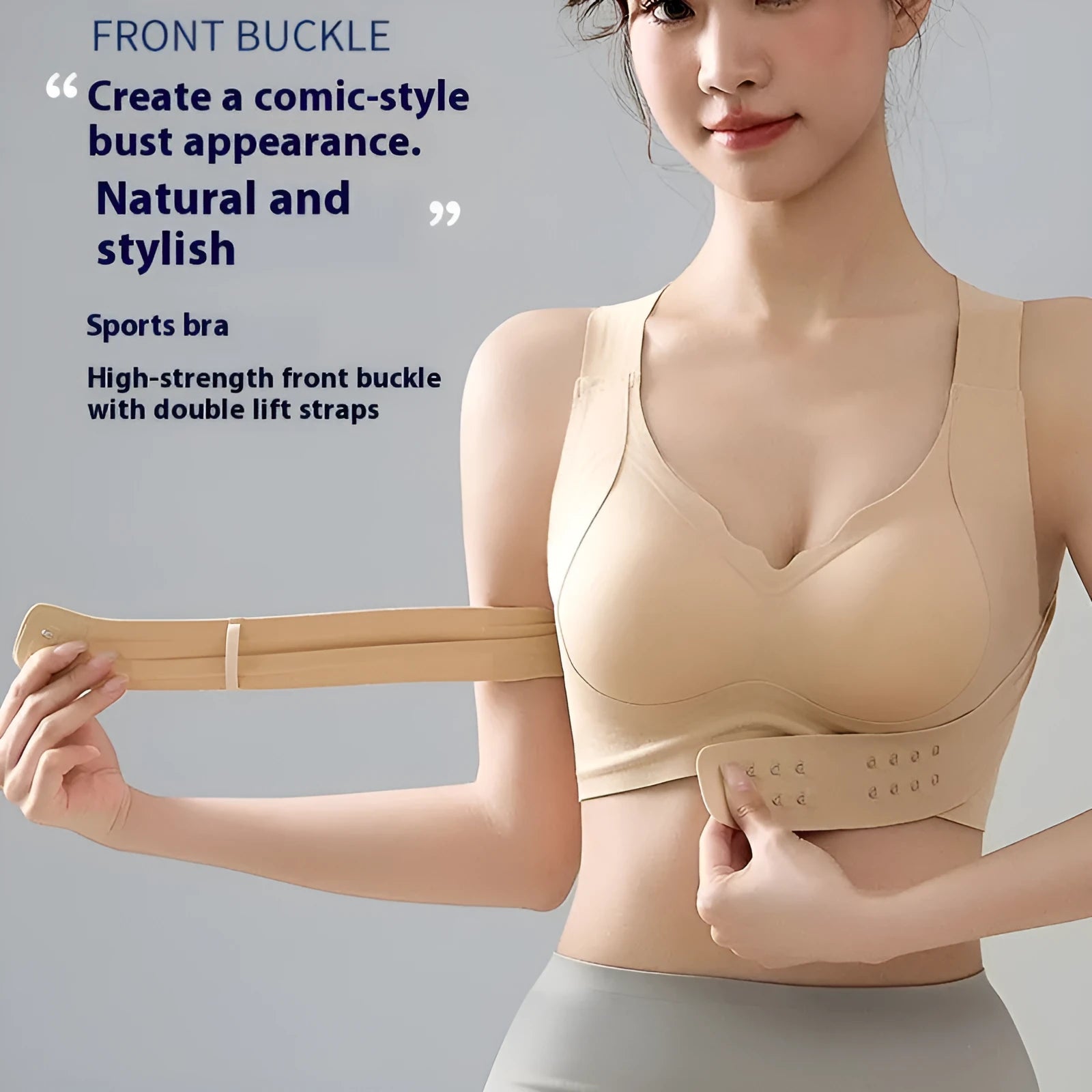 Women's front buckle sports bra for yoga and cross training with 3/4 cup moulded design