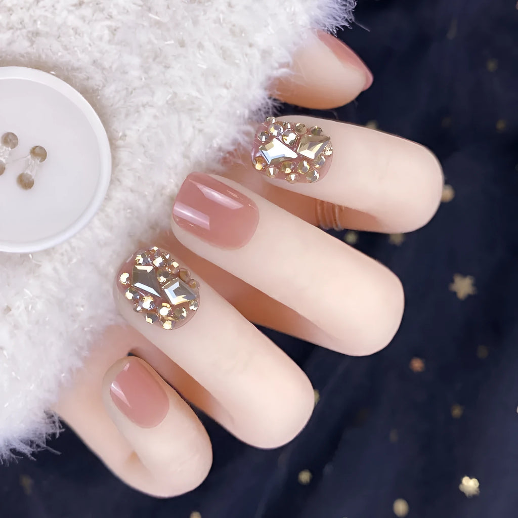 Champagne gold full diamond fake nail patches, 24-piece wearable set, colour ZD-101, nail sequins