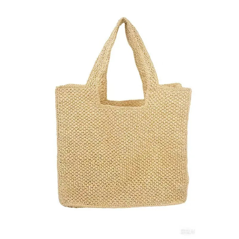Straw woven bucket tote bag in khaki colour with double straps and open pocket.