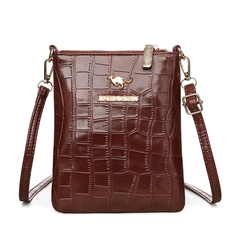 Soft black stone pattern PU women's messenger bag with a file compartment and shoulder strap.