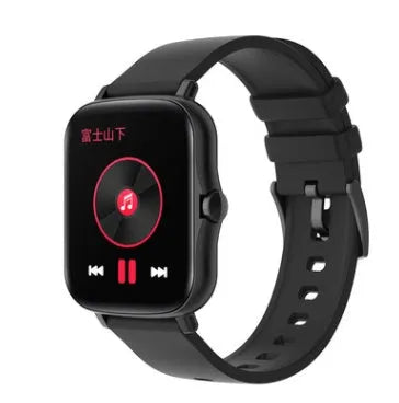 Black smart sports watch with a 1.7-inch colour touch screen on a adjustable strap, showing the home screen interface.