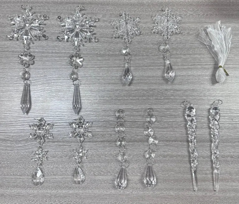 10 clear acrylic ice cone Christmas tree hanging ornaments with white ribbons