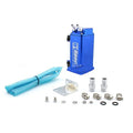 Square and round model oil catch tanks for car engines in black, blue, red, and silver colours.