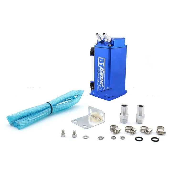 Square and round model oil catch tanks for car engines in black, blue, red, and silver colours.