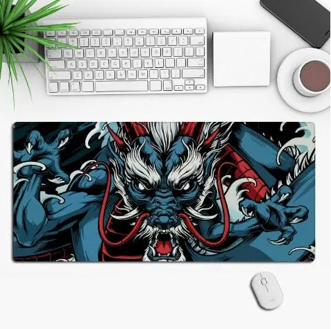 Large black anime-themed gaming mouse pad with non-slip rubber base on a wooden desk.