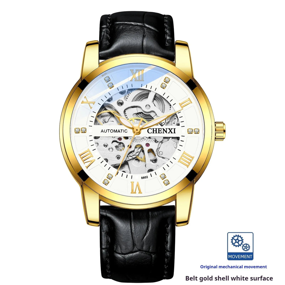 Men's hollow automatic mechanical watch with metal belt and black dial
