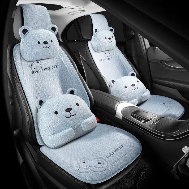 Car cushion set with headrest and lumbar support in cure bear linen fabric