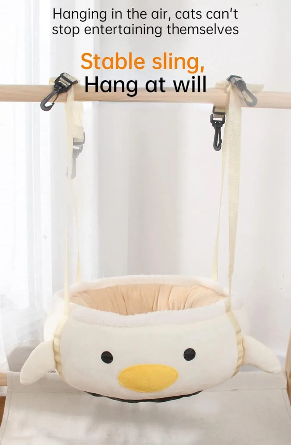 Green chick and dinosaur shaped cat bed shown both flat and hung as a hammock for small pets.