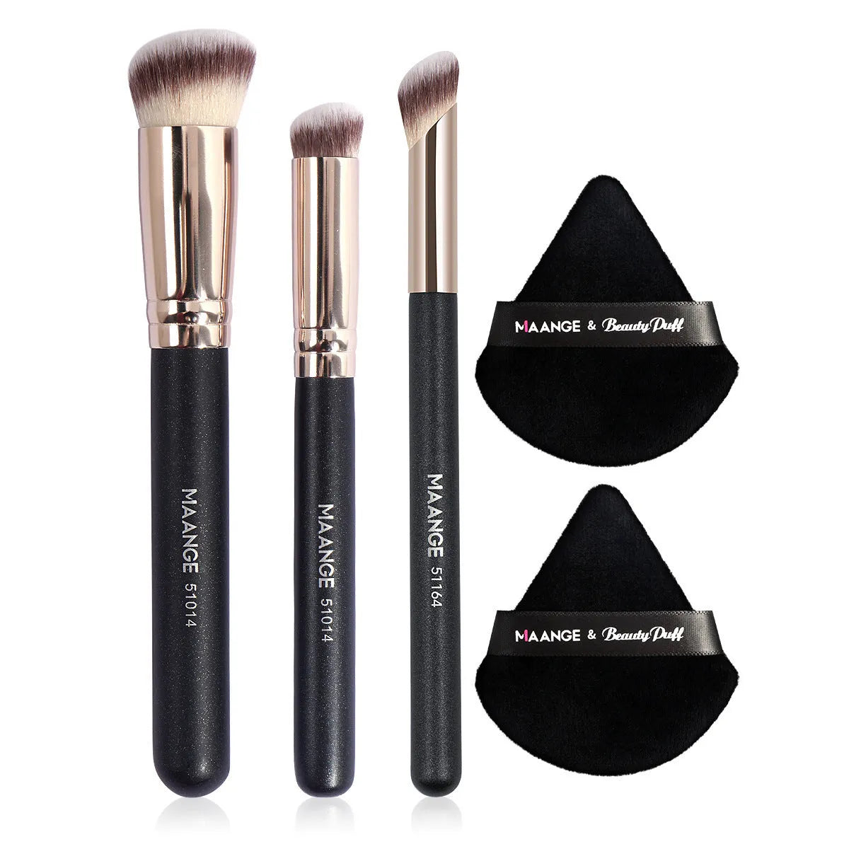 3-piece wooden makeup brush set with triangle powder puff in apricot, black, black gold, and black silver colours