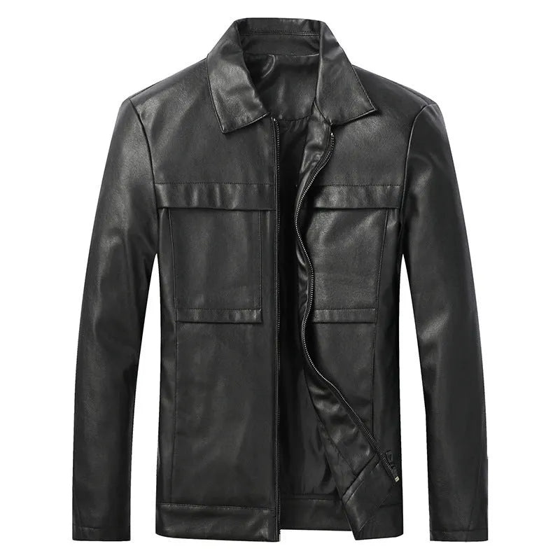 Men's slim lapel artificial leather jacket in black with side pockets and polyester lining